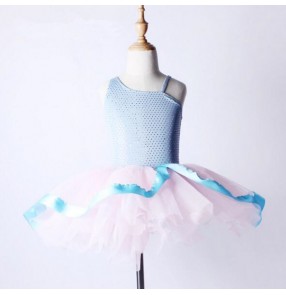 Light blue and light pink patchwork girls kids children one shoulder leotard competition performance ballet dance dresses 